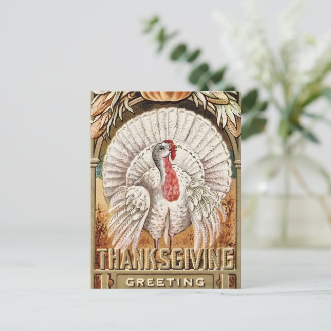 Thanksgiving Day White Turkey & Pumpkin Greetings Holiday Postcard (Standing Front)