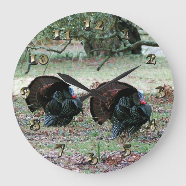 Thanksgiving Day Wild Turkeys in an Open Field Large Clock (Front)