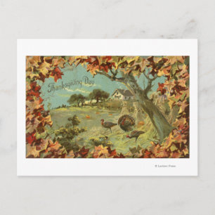 Thanksgiving DayFallen Leaves and Turkeys Holiday Postcard