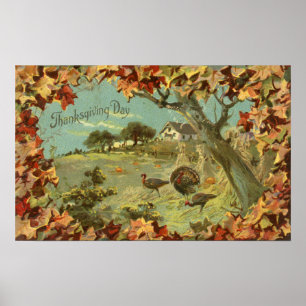 Thanksgiving DayFallen Leaves and Turkeys Poster