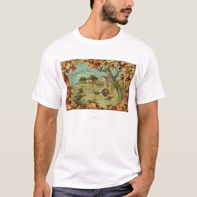 Thanksgiving DayFallen Leaves and Turkeys T-Shirt (Front)