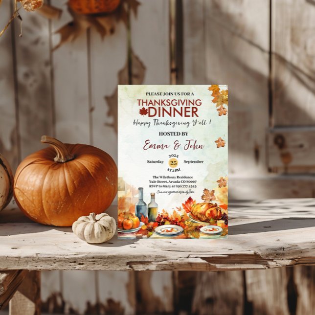 thanksgiving Dinner autumn leaves fall Watercolor Invitation (Creator Uploaded)
