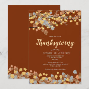 Thanksgiving Dinner Autumn Leaves Vintage Lights Invitation