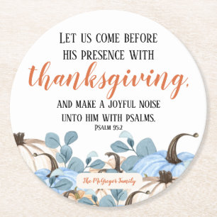 Thanksgiving Dinner Bible Verse Family Name Script Round Paper Coaster