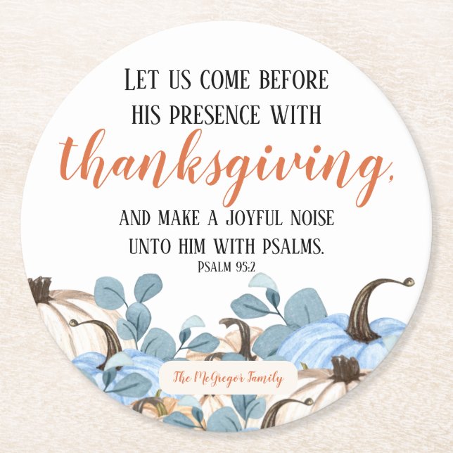 Thanksgiving Dinner Bible Verse Family Name Script Round Paper Coaster (Front)