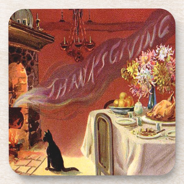Thanksgiving Dinner Black Cat Fireplace Turkey Coaster (Front)