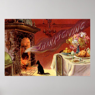 Thanksgiving Dinner Black Cat Fireplace Turkey Poster
