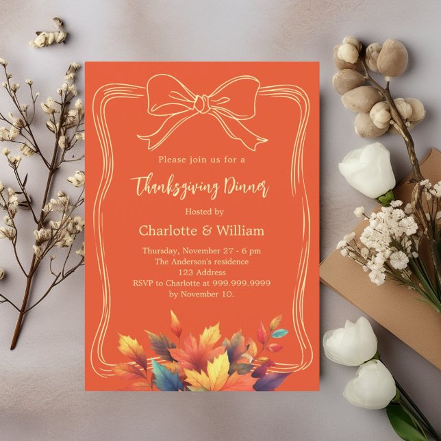 Thanksgiving dinner bow orange fall leaves invitation (Creator Uploaded)