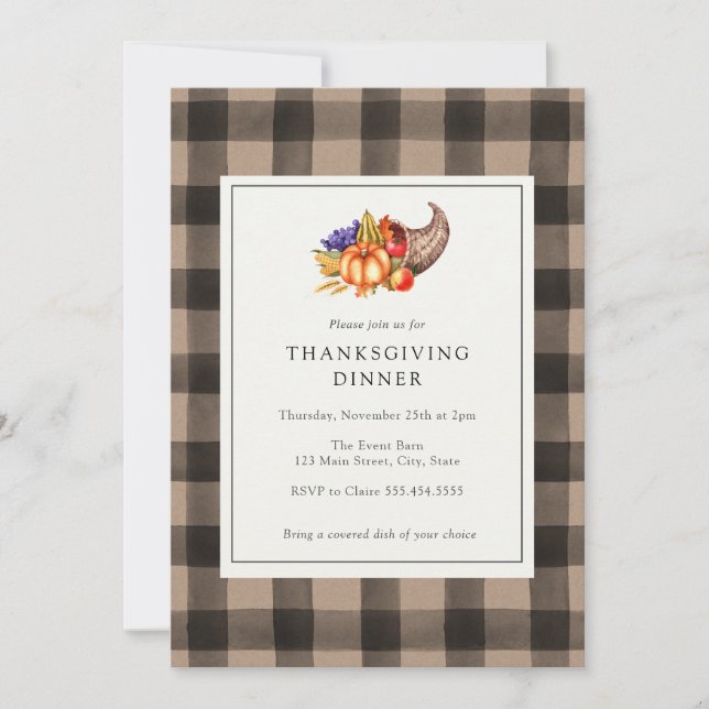 Thanksgiving Dinner Brown Buffalo Plaid Invitation (Front)