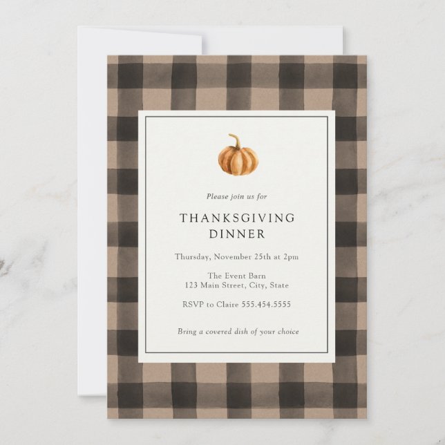 Thanksgiving Dinner Brown Buffalo Plaid Invitation (Front)