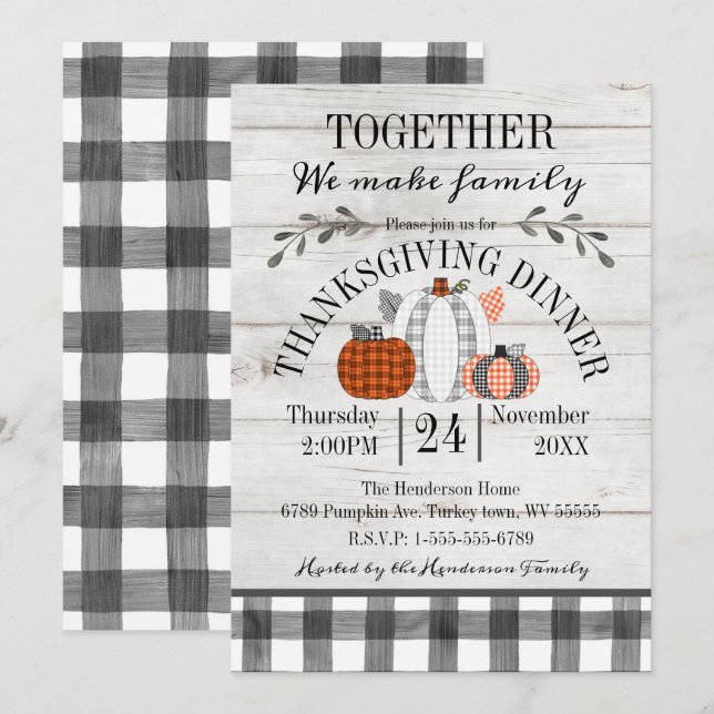 Thanksgiving Dinner Buffalo Plaid Pumpkins Invitation (Front/Back)