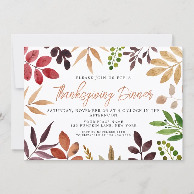 Thanksgiving Dinner Colorful Autumn Leaves Invitation (Front)