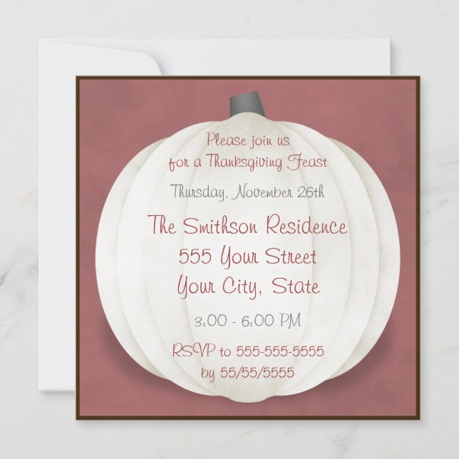 Thanksgiving Dinner Country Rustic White Pumpkin Invitation (Front)