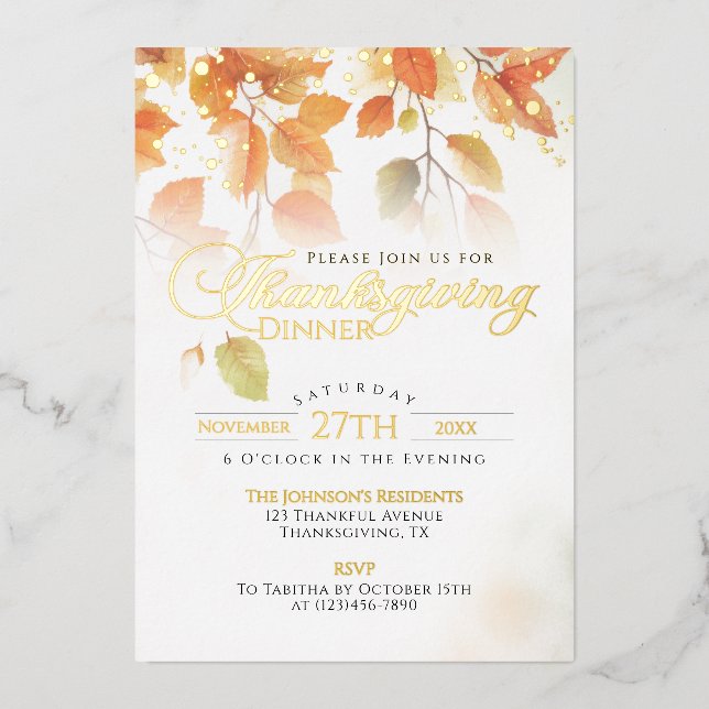 Thanksgiving Dinner Elegant Fall Leaves Gold (Front)
