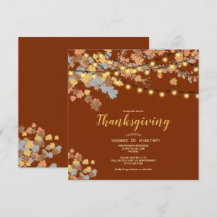 Thanksgiving Dinner Fall Leaves Vintage Lights Invitation