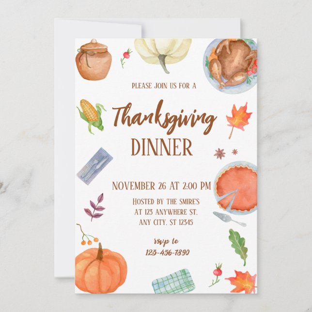 Thanksgiving Dinner Feast with Turkey Pumpkin  Invitation (Front)