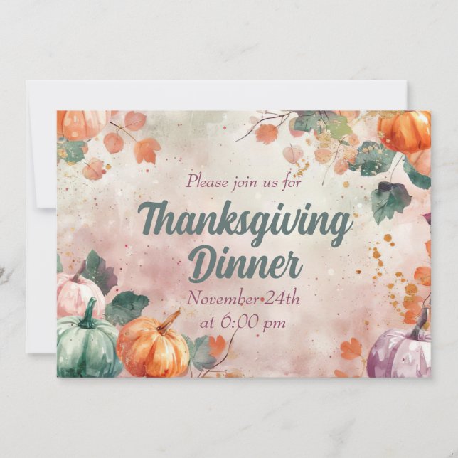 Thanksgiving Dinner Invitation Watercolor Pumpkins (Front)