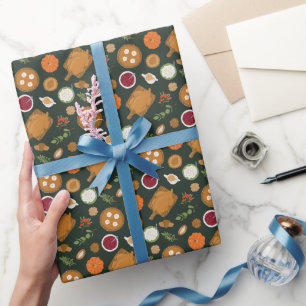 Thanksgiving Dinner Meal Pattern Green Wrapping Paper