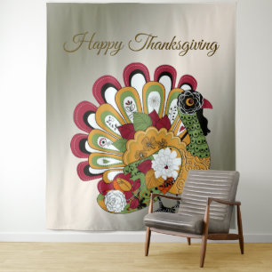 Thanksgiving Dinner Party Colorful Floral Turkey Tapestry