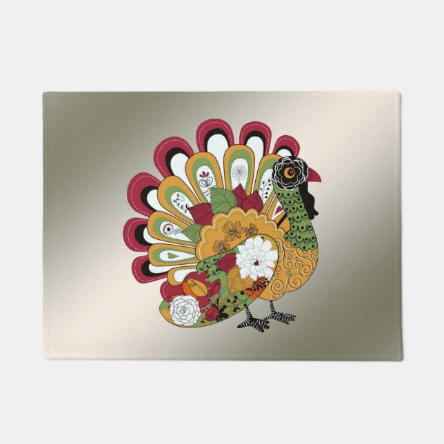 Thanksgiving Dinner Party Colourful Floral Turkey Doormat (Front)