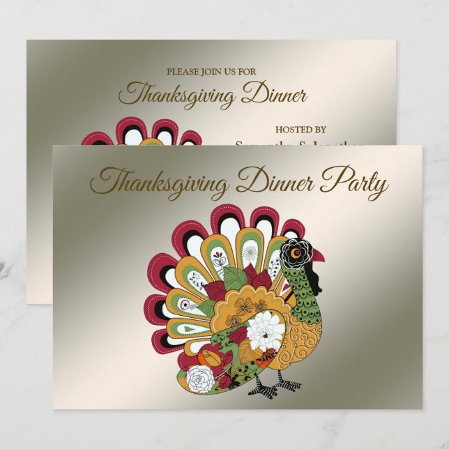 Thanksgiving Dinner Party Colourful Floral Turkey Invitation (Front/Back)
