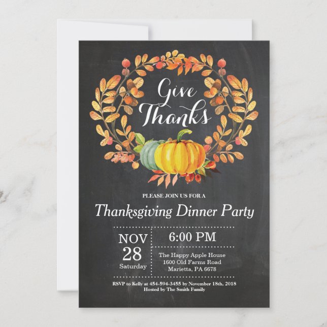 Thanksgiving Dinner Party Fall Autumn Chalkboard Invitation (Front)