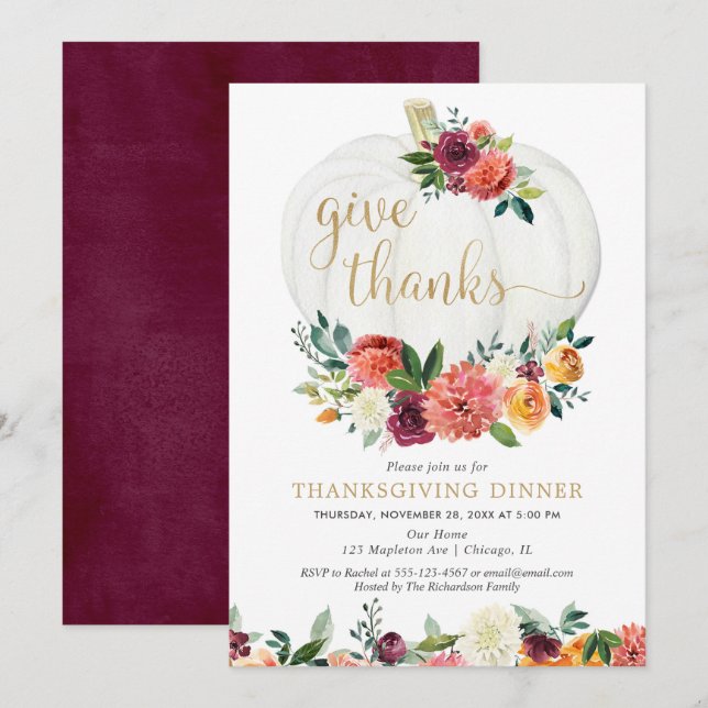 Thanksgiving dinner party fall floral pumpkins invitation (Front/Back)