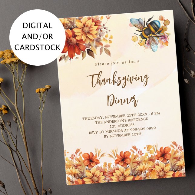 Thanksgiving dinner party orange fall florals bee invitation (Creator Uploaded)
