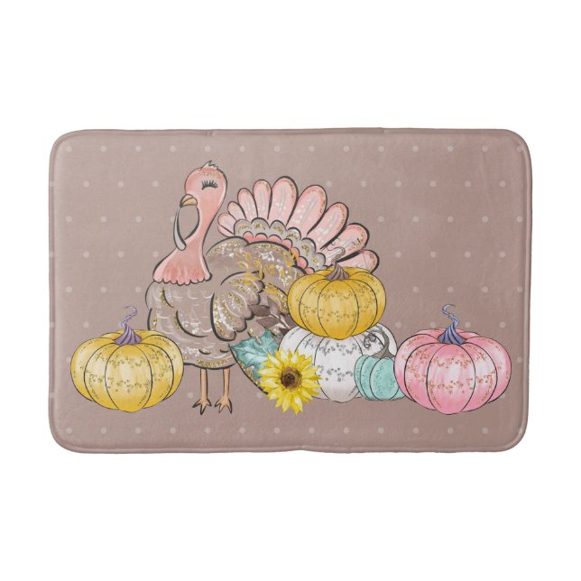 Thanksgiving Dinner Party Turkey Pumpkins Pink Tan Bath Mat (Front)