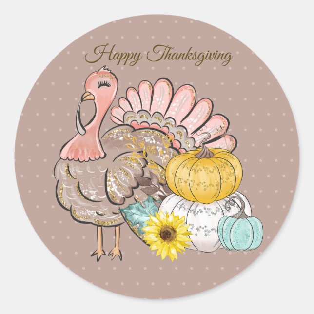 Thanksgiving Dinner Party Turkey Pumpkins Pink Tan Classic Round Sticker (Front)