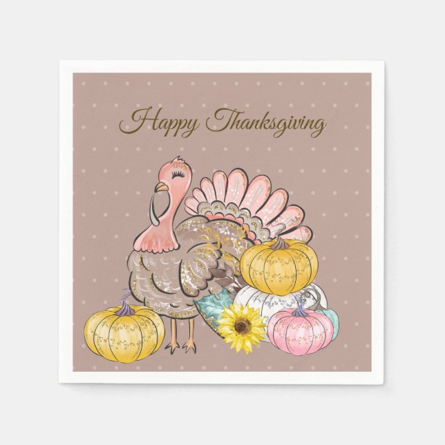 Thanksgiving Dinner Party Turkey Pumpkins Pink Tan Napkin (Front)