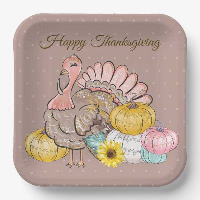 Thanksgiving Dinner Party Turkey Pumpkins Pink Tan Paper Plate (Front)
