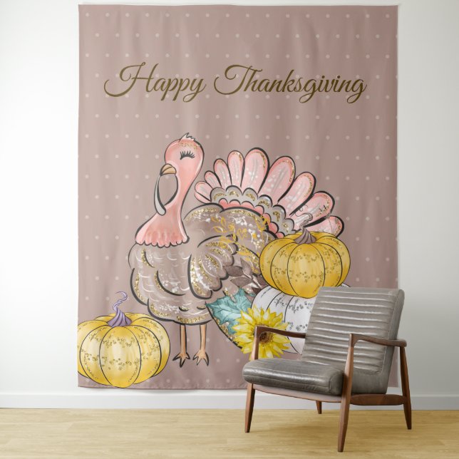 Thanksgiving Dinner Party Turkey Pumpkins Pink Tan Tapestry (In Situ)