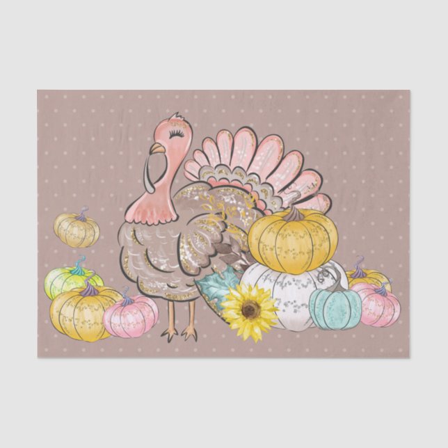 Thanksgiving Dinner Party Turkey Pumpkins Pink Tan Tissue Paper (Front)