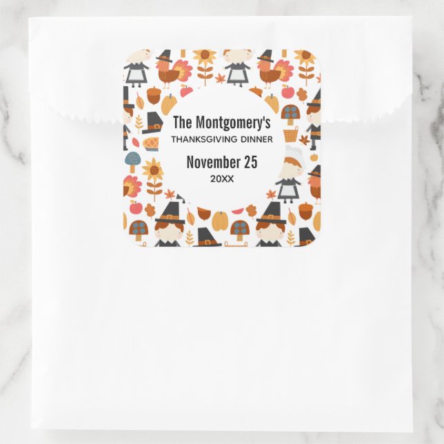 Thanksgiving Dinner Pilgrims Harvest Pattern Square Sticker (Bag)
