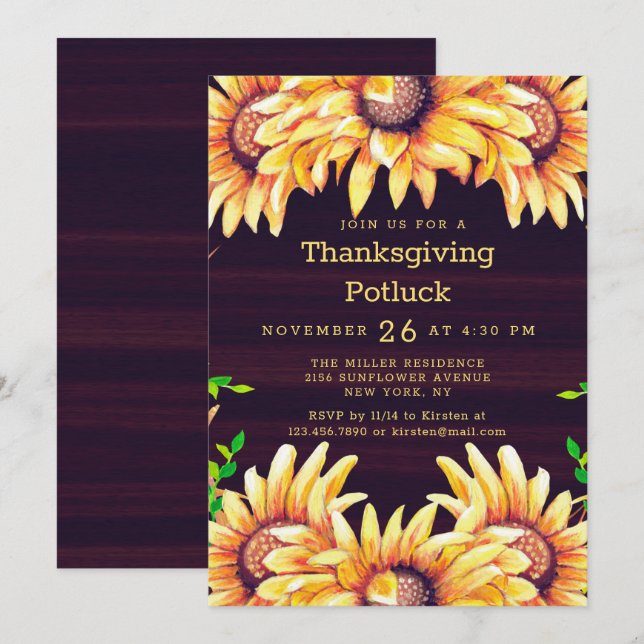 Thanksgiving Dinner Potluck Rustic Fall Sunflowers Invitation (Front/Back)
