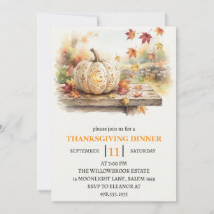 Thanksgiving Dinner Pumpkin & Autumn Leaves Invitation