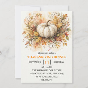 Thanksgiving Dinner Pumpkin & Autumn Leaves Invitation