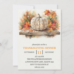 Thanksgiving Dinner Pumpkin & Autumn Leaves Invitation
