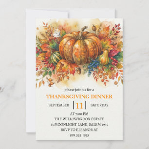 Thanksgiving Dinner Pumpkin & Autumn Leaves Invitation