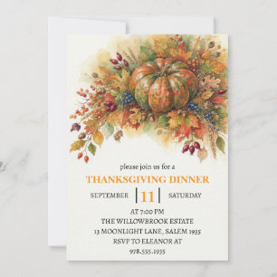 Thanksgiving Dinner Pumpkin & Autumn Leaves Invitation