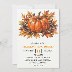 Thanksgiving Dinner Pumpkin & Autumn Leaves Invitation