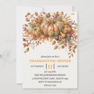 Thanksgiving Dinner Pumpkin & Autumn Leaves Invitation