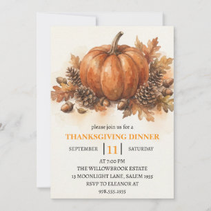 Thanksgiving Dinner Pumpkin & Autumn Leaves Invitation