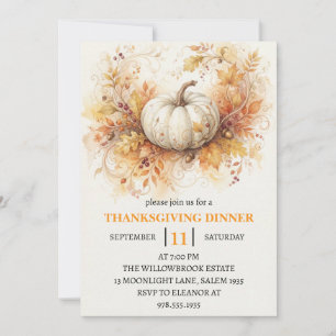Thanksgiving Dinner Pumpkin & Autumn Leaves Invitation