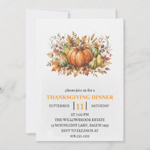 Thanksgiving Dinner Pumpkin & Autumn Leaves Invitation