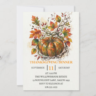 Thanksgiving Dinner Pumpkin & Autumn Leaves Invitation