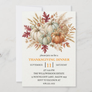 Thanksgiving Dinner Pumpkin & Autumn Leaves Invitation