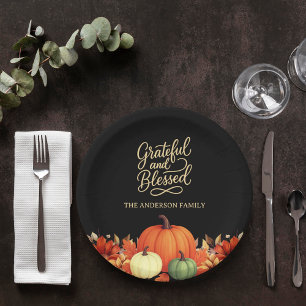 Thanksgiving dinner pumpkin black Grateful blessed Paper Plate