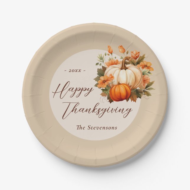 Thanksgiving Dinner Pumpkin Floral Script Beige Paper Plate (Front)